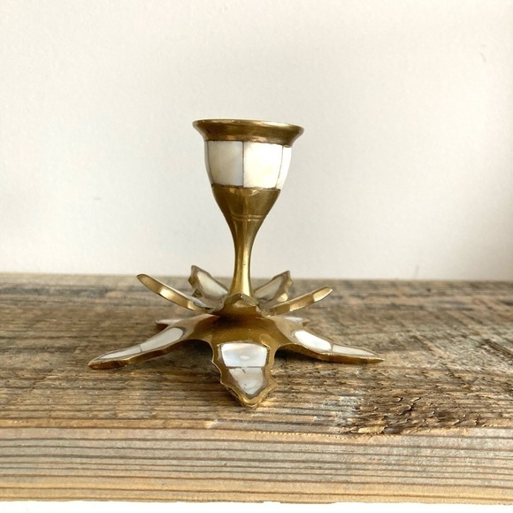Other - Brass candlestick with inlaid mother of pearl